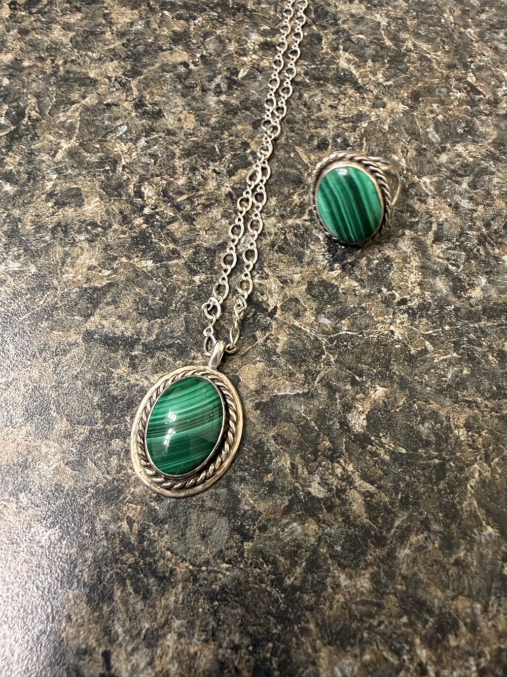 Green Malachite Oval Pendant Necklace with Matching Ring - Sterling Silver